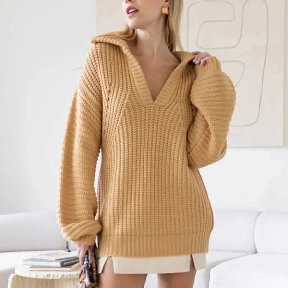 Knit Collar V-Neck Long Sleeve Sweater Tan Taupe - Picture 2 of 6
